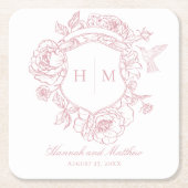 Elegante Roze Chinoiserie Bird Crest Wedding Kartonnen Onderzetters (Voorkant)