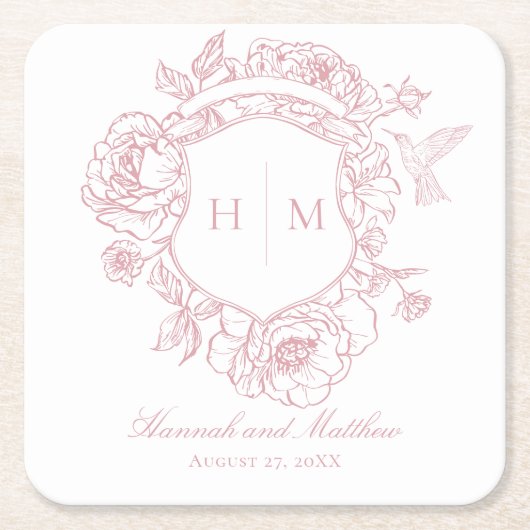 Elegante Roze Chinoiserie Bird Crest Wedding Kartonnen Onderzetters (Voorkant)