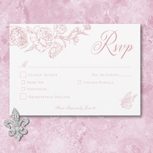 Elegante Roze Chinoiserie Bird & Crest Wedding RSVP Kaartje