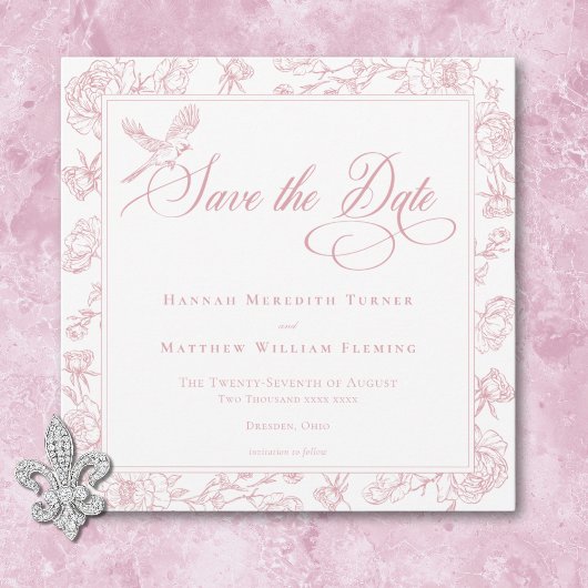 Elegante Roze Chinoiserie Bird & Crest Wedding Save The Date