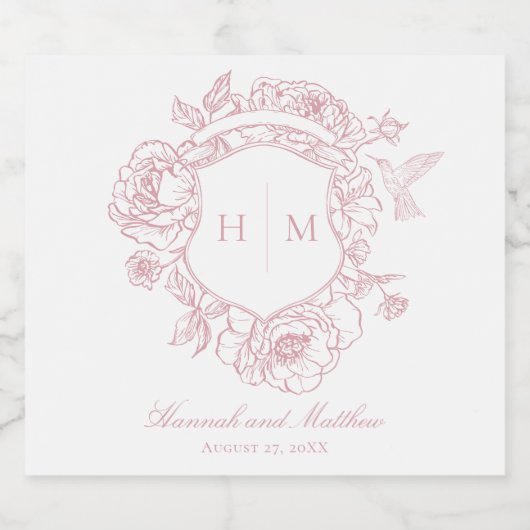 Elegante Roze Chinoiserie Bird Crest Wedding Sparkling Wijnetiket (Enkel label)