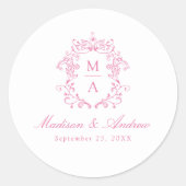 Elegante Roze Chinoiserie Crest Monogram Huwelijk Ronde Sticker (Voorkant)