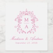 Elegante Roze Chinoiserie Crest Monogram Huwelijk Wijn Etiket (Enkel label)