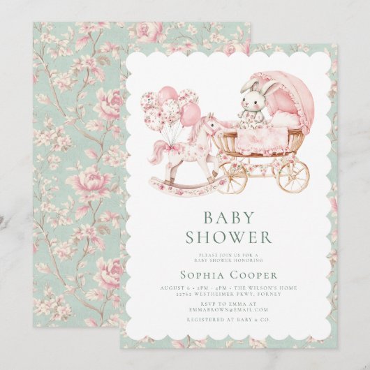 Elegante Roze Chinoiserie Meisje Baby shower Kaart (Voorkant / Achterkant)