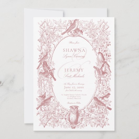 Elegante Roze Chinoiserie Natuur & Vogels bruiloft Kaart (Voorkant)