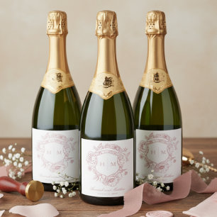 Elegante Roze Chinoiserie Vogel Kam Wedding Sparkling Wijnetiket