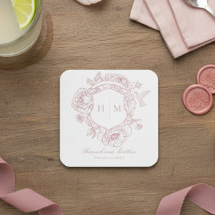 Elegante Roze Chinoiserie Vogel Kuif Bruiloft Kartonnen Onderzetters
