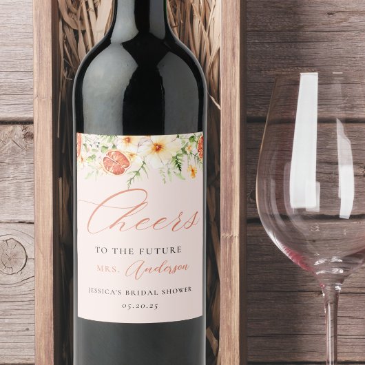 Elegante Roze Citrus Bloemige Bruiloftsdouche Wijn Etiket