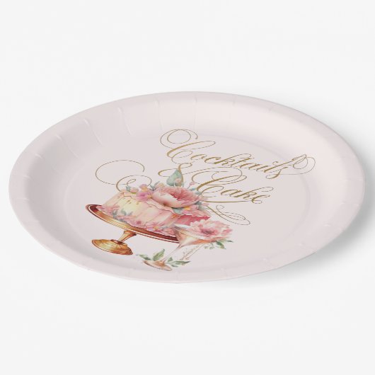 Elegante Roze Cocktails en Cake Vrijgezellenfeest Papieren Bordje (Gekanteld)