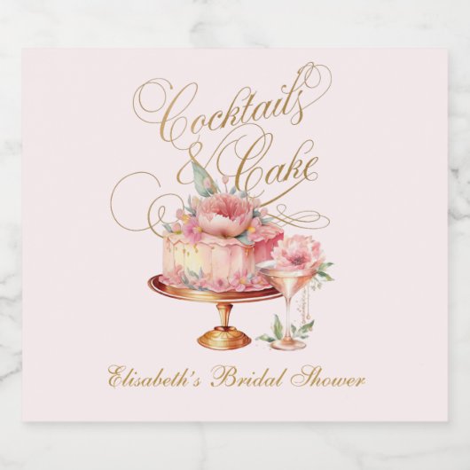 Elegante Roze Cocktails en Cake Vrijgezellenfeest Sparkling Wijnetiket (Enkel label)