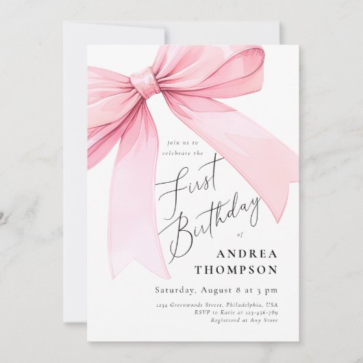 Elegante Roze Coquette Boog Eerste Verjaardag Meis Kaart (Voorkant)