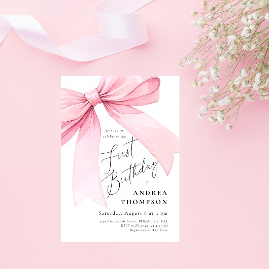 Elegante Roze Coquette Boog Eerste Verjaardag Meis Kaart