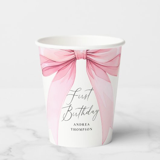 Elegante Roze Coquette Boog Eerste Verjaardag Meis Papieren Bekers (Achterkant)