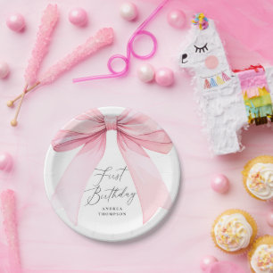 Elegante Roze Coquette Boog Eerste Verjaardag Meis Papieren Bordje