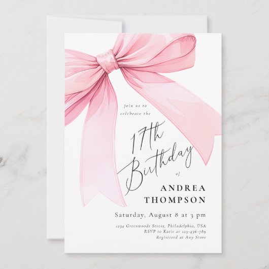 Elegante Roze Coquette Bow 17e BIrthday Meisje Inv Kaart (Voorkant)