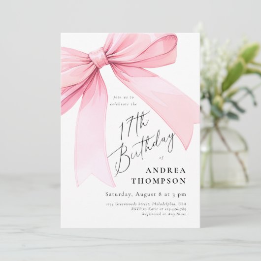Elegante Roze Coquette Bow 17e BIrthday Meisje Inv Kaart (Staand voorkant)