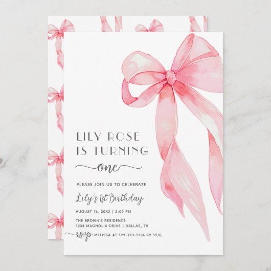 Elegante Roze Coquette Bow Eerste 1e Verjaardag Me Kaart (Voorkant / Achterkant)