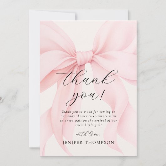 Elegante Roze Coquette Bow Girl Baby shower Bedankkaart (Voorkant)