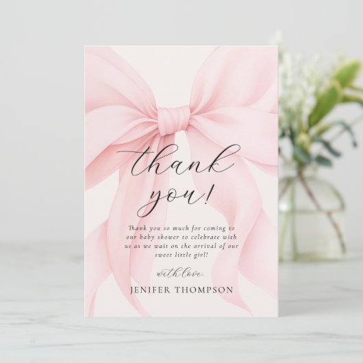 Elegante Roze Coquette Bow Girl Baby shower Bedankkaart (Staand voorkant)