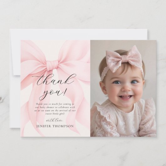 Elegante Roze Coquette Bow Girl Baby shower Foto Bedankkaart (Voorkant)