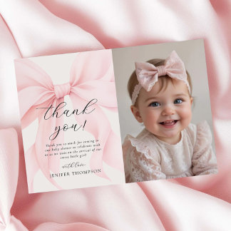 Elegante Roze Coquette Bow Girl Baby shower Foto Bedankkaart