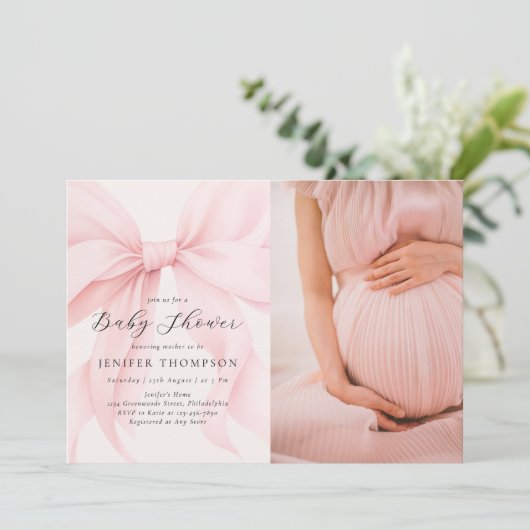 Elegante Roze Coquette Bow Girl Baby shower Foto Kaart (Staand voorkant)
