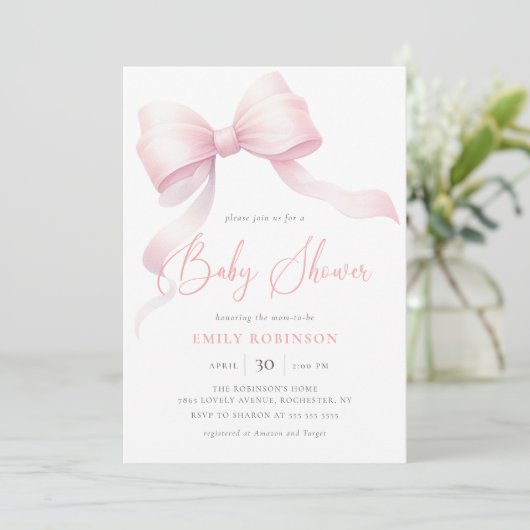 Elegante Roze Coquette Bow Girl Baby shower Kaart (Staand voorkant)