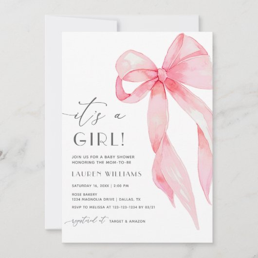 Elegante roze Coquette Bow is een meisje Baby show Kaart (Voorkant)