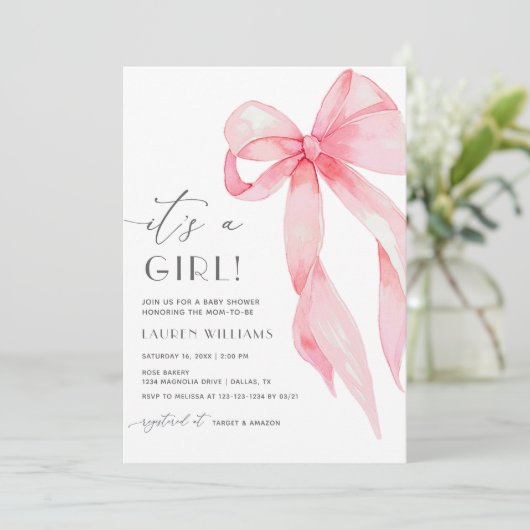 Elegante roze Coquette Bow is een meisje Baby show Kaart (Staand voorkant)