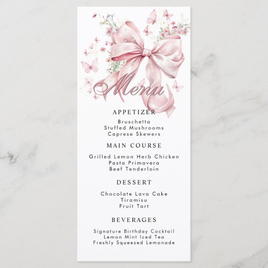 Elegante Roze Coquette Bow Parels Menu Kaart (Voorkant)