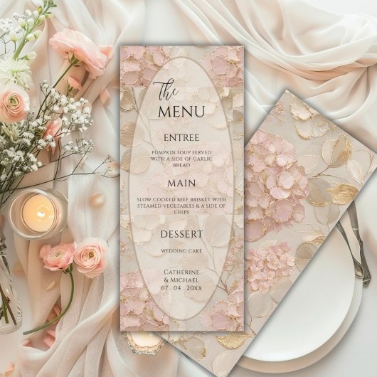 Elegante Roze Crème Bloemachtige Bruiloft Menu