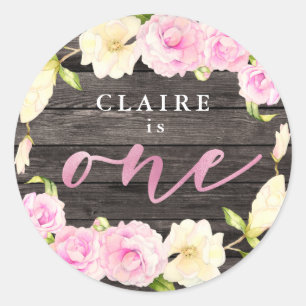 Elegante Roze Crème Bloemen 1e Verjaardagsfeestgun Ronde Sticker