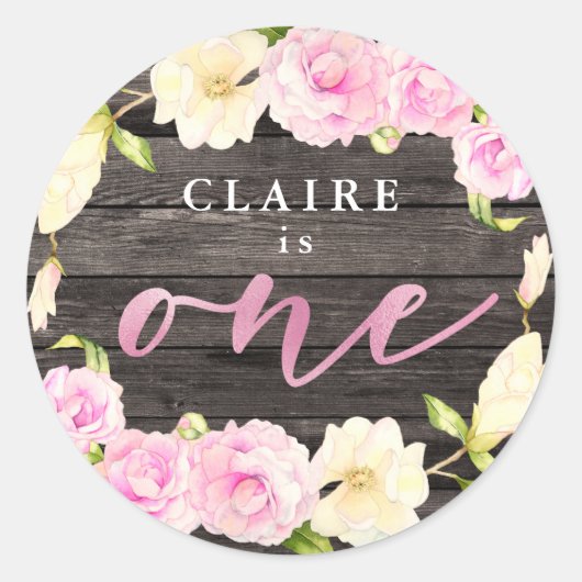 Elegante Roze Crème Bloemen 1e Verjaardagsfeestgun Ronde Sticker (Voorkant)