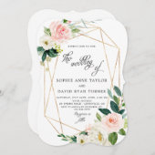 Elegante Roze Crème Bloemen Gouden Lijst Huwelijk Kaart (Voorkant / Achterkant)