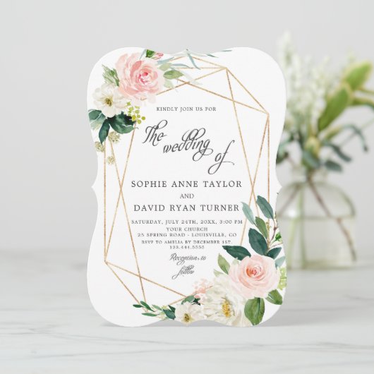 Elegante Roze Crème Bloemen Gouden Lijst Huwelijk Kaart (Staand voorkant)