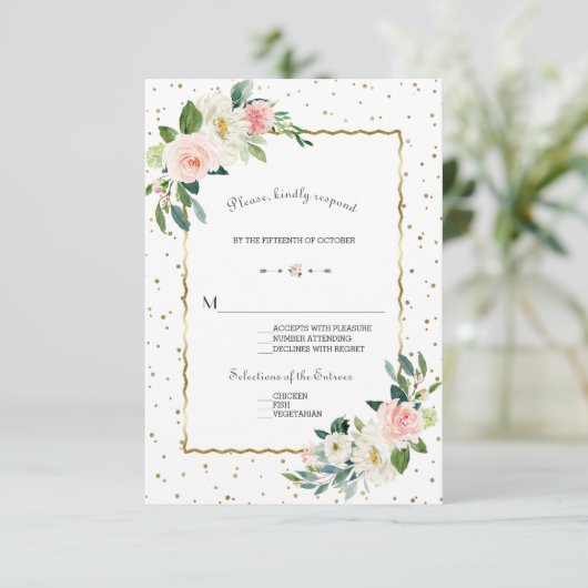 Elegante Roze Crème Kleur Bloemen Gouden Glitter B RSVP Kaartje (Staand voorkant)