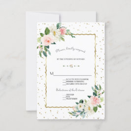 Elegante Roze Crème Kleur Bloemen Gouden Glitter B RSVP Kaartje