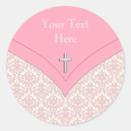 Elegante roze Damask doopStickers Ronde Sticker (Voorkant)