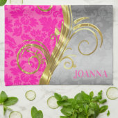 Elegante roze damast goud & zilveren swirls theedoek (Gevouwen)