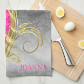 Elegante roze damast goud & zilveren swirls theedoek (Quarter Fold)