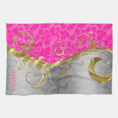 Elegante roze damast goud & zilveren swirls theedoek (Horizontaal)