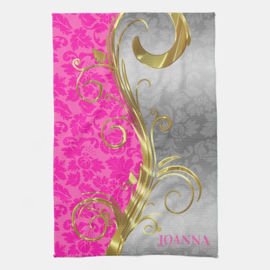 Elegante roze damast goud & zilveren swirls theedoek (Verticaal)