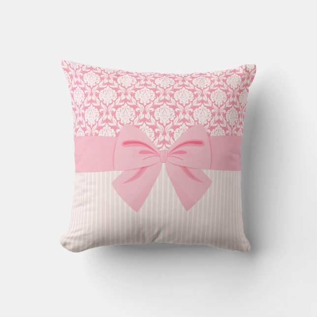 Elegante Roze Damast Lint Strik Kussen (Voorkant)