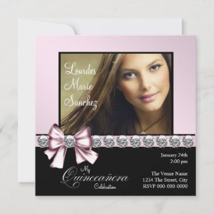 Elegante Roze Diamanten Strik Foto Quinceanera Kaart