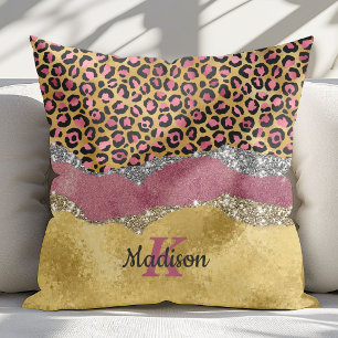 Elegante roze dierprint glinsterend monogram kussen