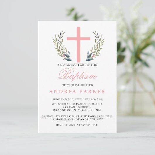 Elegante roze doop / doop uitnodiging (Staand voorkant)