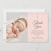 Elegante Roze Doop Zilveren Hartjes Foto  Bedankkaart (Voorkant)