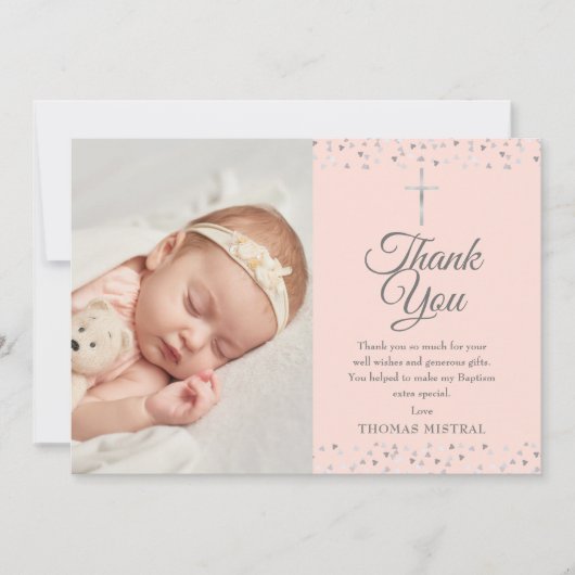 Elegante Roze Doop Zilveren Hartjes Foto  Bedankkaart (Voorkant)