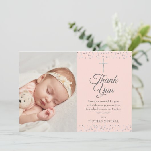 Elegante Roze Doop Zilveren Hartjes Foto  Bedankkaart (Staand voorkant)