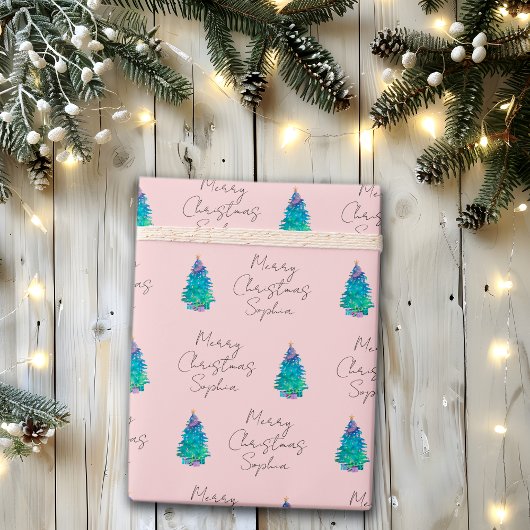 Elegante Roze Douane Kerstboom Cadeaupapier